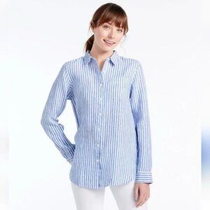 L.L. Bean 100% Linen Women's Button Down Blue & White Striped Shirt Size Large